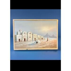 K. Mescal Signed Southwestern Pueblo Original Oil Painting – Vintage 38×25.5″